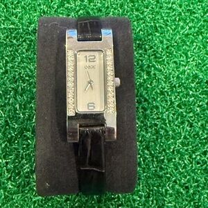 Oasis Rhinestones Silver Watch with Black Strap